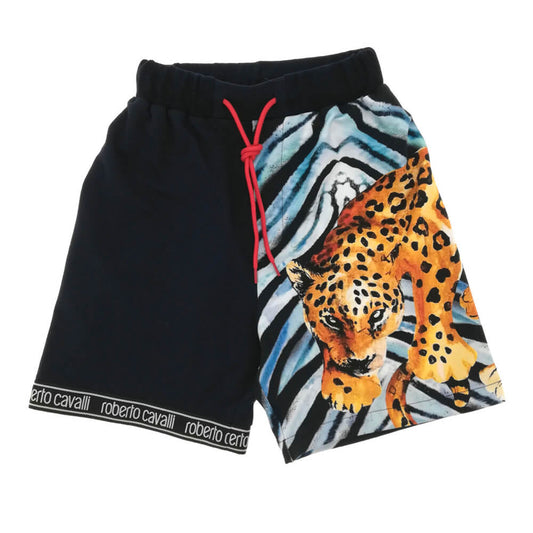 Roberto Cavalli Boys Navy Fleece Shorts With Tiger Pattern