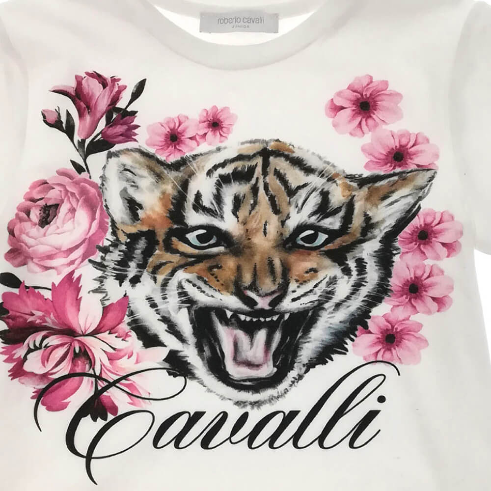 Roberto Cavalli Girls White & Pink Jersey T-Shirt With Tiger Pattern