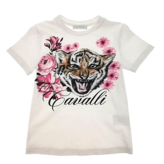 Roberto Cavalli Girls White & Pink Jersey T-Shirt With Tiger Pattern
