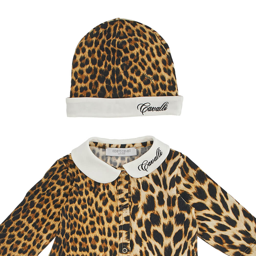 Roberto Cavalli Unisex Leopard Babysuit and Hat Combo Set