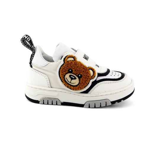 Moschino Unisex Black, Brown & White Trainers Box Sole Strap Fabric Teddy Bear Patch And Logo Print